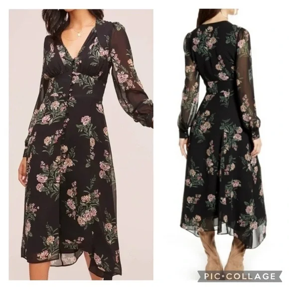ASTR the label sheer floral v-neck button front long sleeve midi dress size M - Picture 2 of 15